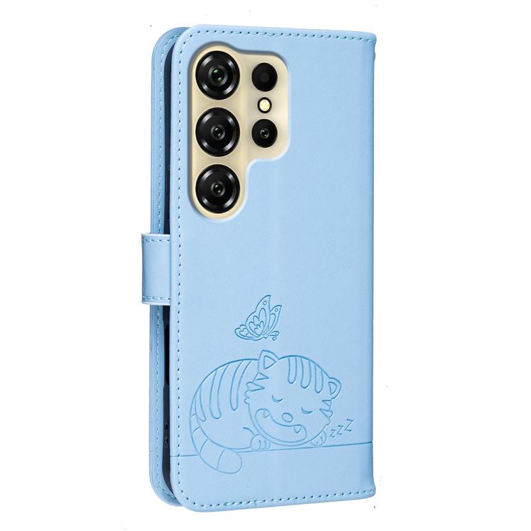For Oukitel C26 Cat Butterfly Embossed RFID Vegan Leather Phone Case with Strap