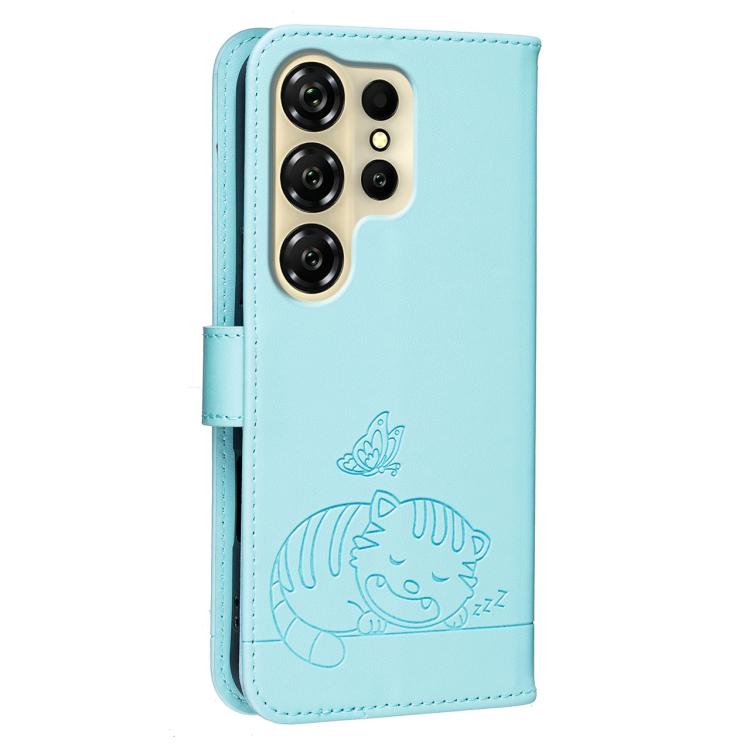 For Oukitel C26 Cat Butterfly Embossed RFID Vegan Leather Phone Case with Strap