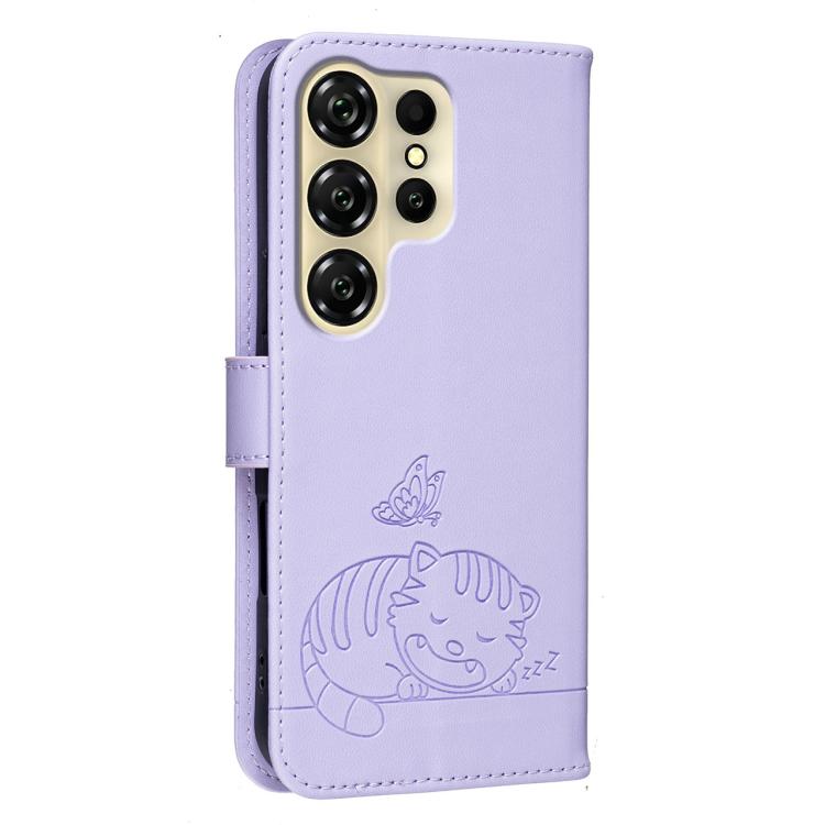 For Oukitel C26 Cat Butterfly Embossed RFID Vegan Leather Phone Case with Strap