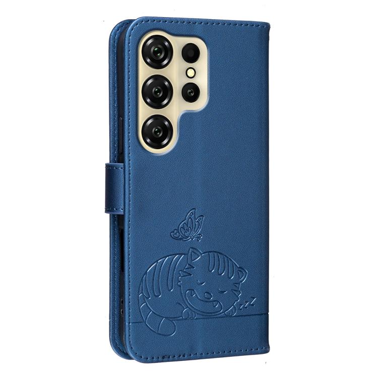 For Oukitel C26 Cat Butterfly Embossed RFID Vegan Leather Phone Case with Strap