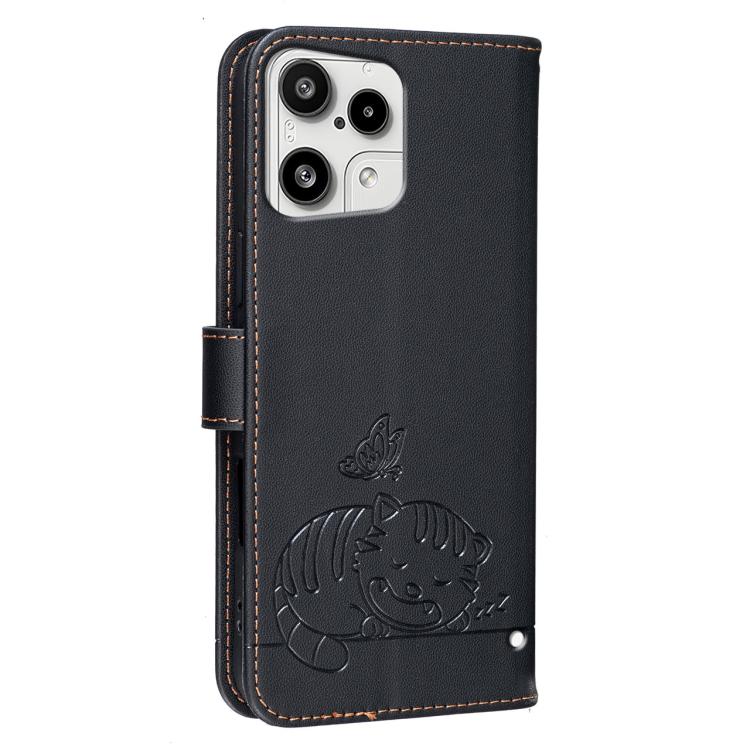 For Nothing Phone 3a Lite Cat Butterfly Embossed RFID Vegan Leather Phone Case with Strap
