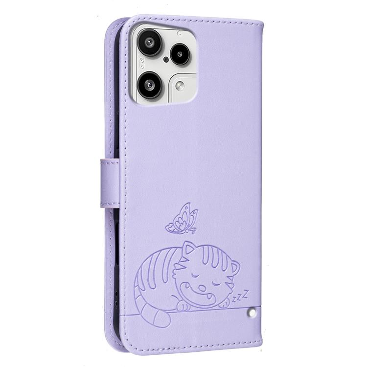 For Nothing Phone 3a Lite Cat Butterfly Embossed RFID Vegan Leather Phone Case with Strap