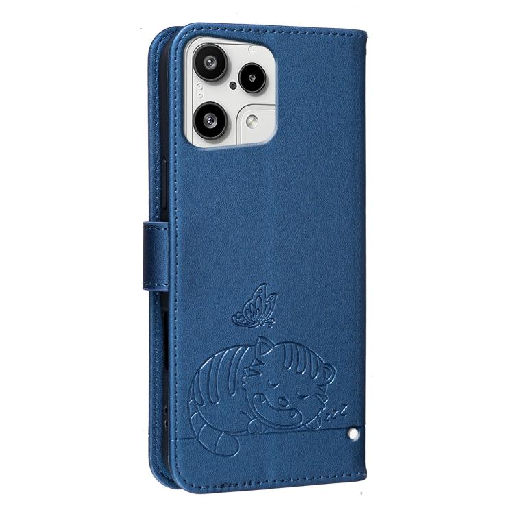 For Nothing Phone 3a Lite Cat Butterfly Embossed RFID Vegan Leather Phone Case with Strap