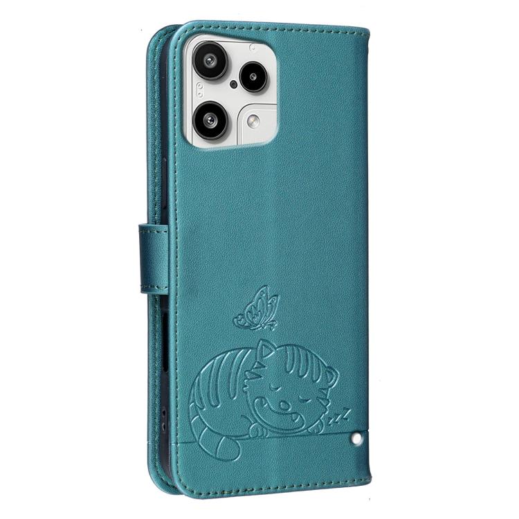 For Nothing Phone 3a Lite Cat Butterfly Embossed RFID Vegan Leather Phone Case with Strap