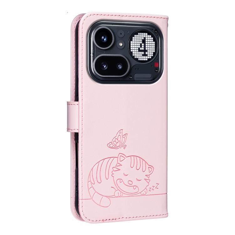 For Nothing Phone 4a Pro Cat Butterfly Embossed RFID Vegan Leather Phone Case with Strap