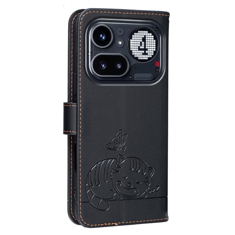For Nothing Phone 4a Pro Cat Butterfly Embossed RFID Vegan Leather Phone Case with Strap