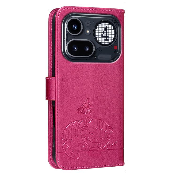 For Nothing Phone 4a Pro Cat Butterfly Embossed RFID Vegan Leather Phone Case with Strap
