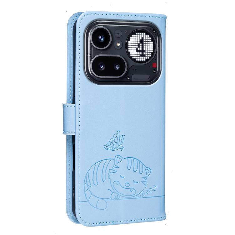 For Nothing Phone 4a Pro Cat Butterfly Embossed RFID Vegan Leather Phone Case with Strap