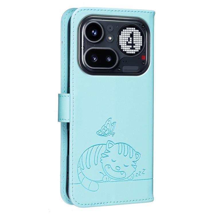 For Nothing Phone 4a Pro Cat Butterfly Embossed RFID Vegan Leather Phone Case with Strap