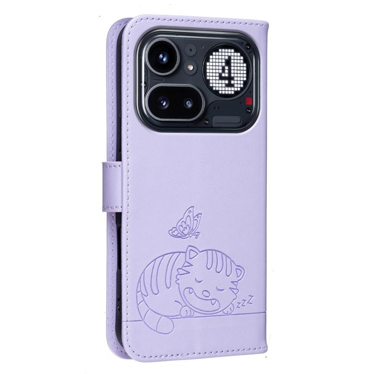 For Nothing Phone 4a Pro Cat Butterfly Embossed RFID Vegan Leather Phone Case with Strap