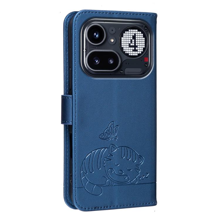 For Nothing Phone 4a Pro Cat Butterfly Embossed RFID Vegan Leather Phone Case with Strap