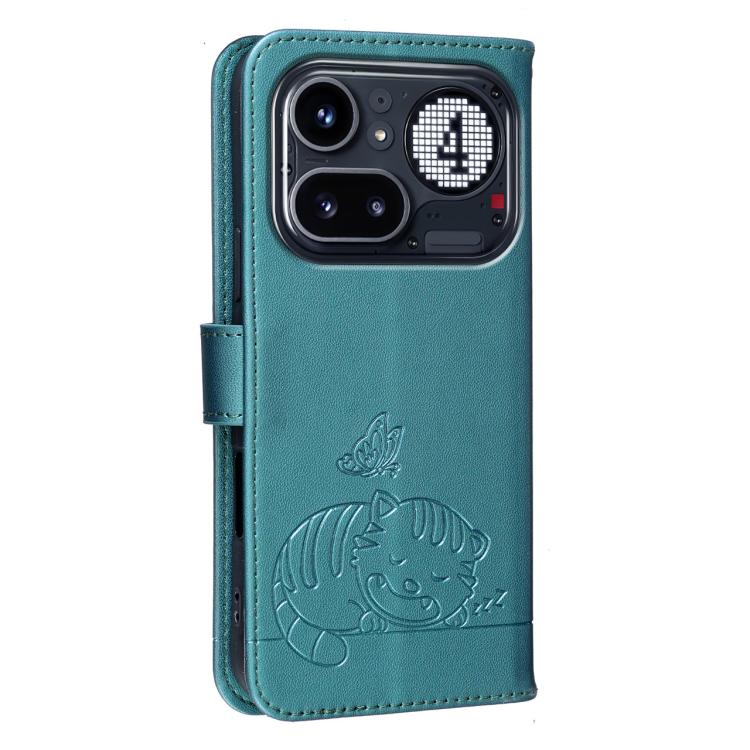 For Nothing Phone 4a Pro Cat Butterfly Embossed RFID Vegan Leather Phone Case with Strap