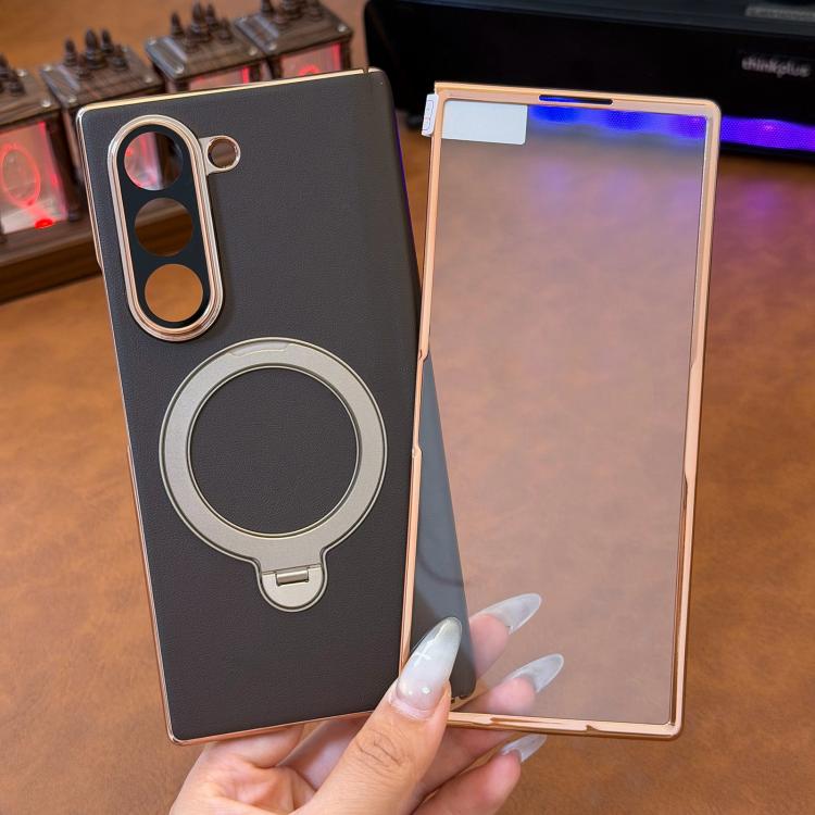 For Galaxy Z Fold6 Integrated Single Middle Axis Rotating Stand Vegan Leather Phone Case