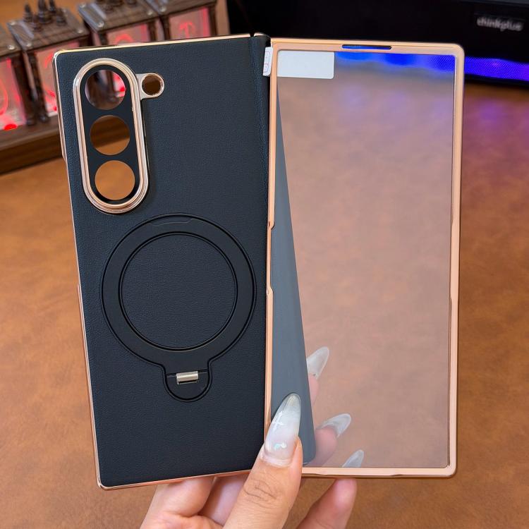 For Galaxy Z Fold5 Integrated Single Middle Axis Rotating Stand Vegan Leather Phone Case