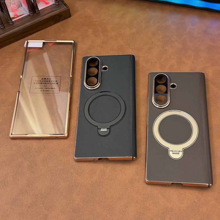 For Galaxy Z Fold6 Integrated Single Middle Axis Rotating Stand Vegan Leather Phone Case