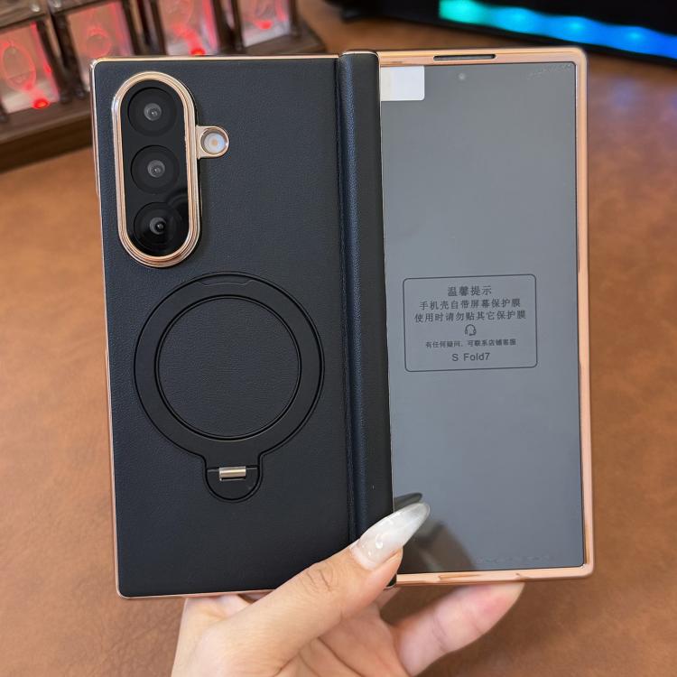 For Galaxy Z Fold6 Integrated Single Middle Axis Rotating Stand Vegan Leather Phone Case