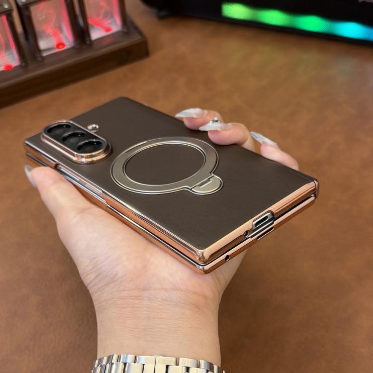 For Galaxy Z Fold5 Integrated Single Middle Axis Rotating Stand Vegan Leather Phone Case