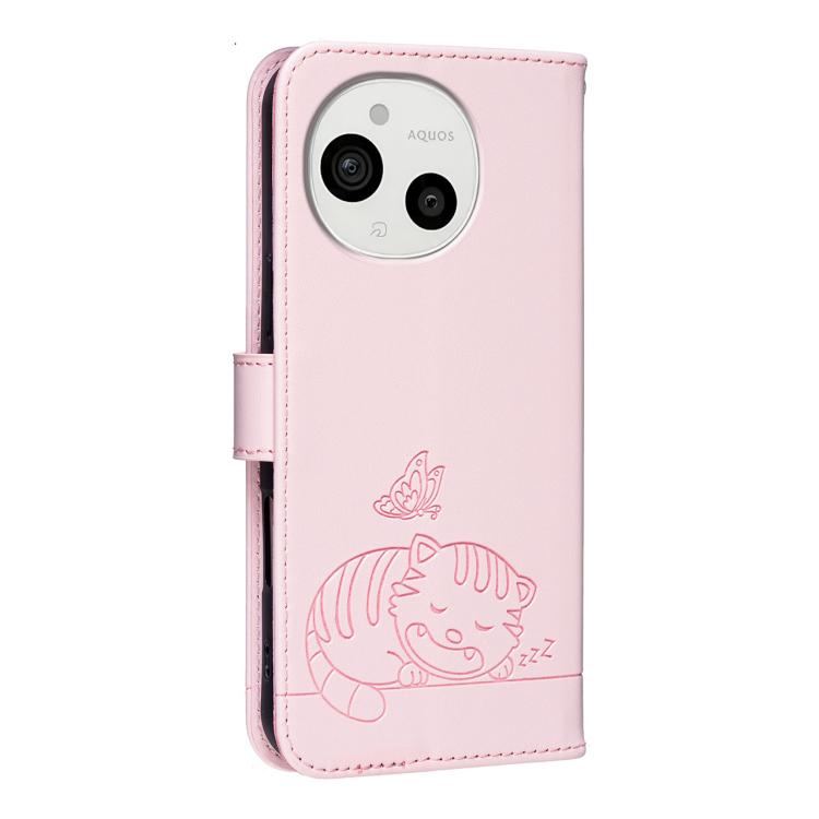 For Sharp Aquos Sense9 Cat Butterfly Embossed RFID Vegan Leather Phone Case with Strap