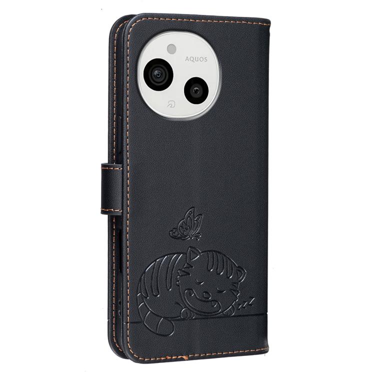 For Sharp Aquos Sense9 Cat Butterfly Embossed RFID Vegan Leather Phone Case with Strap