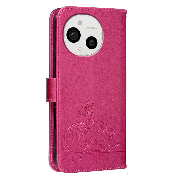 For Sharp Aquos Sense9 Cat Butterfly Embossed RFID Vegan Leather Phone Case with Strap