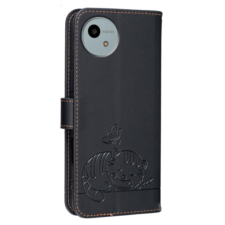 For Sharp Aquos wish4 Cat Butterfly Embossed RFID Vegan Leather Phone Case with Strap