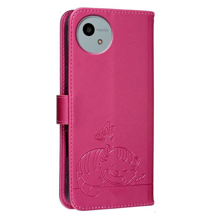 For Sharp Aquos wish5 Cat Butterfly Embossed RFID Vegan Leather Phone Case with Strap