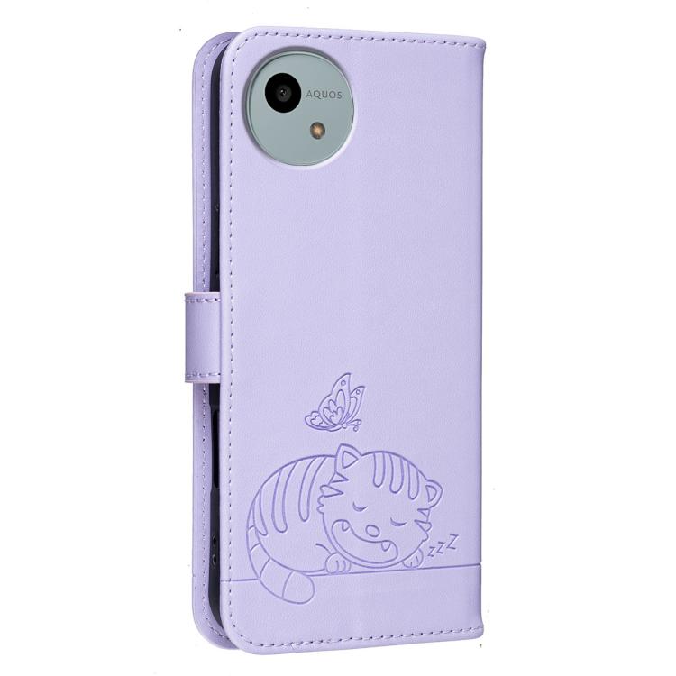 For Sharp Aquos wish5 Cat Butterfly Embossed RFID Vegan Leather Phone Case with Strap