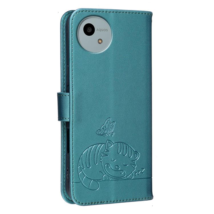 For Sharp Aquos wish5 Cat Butterfly Embossed RFID Vegan Leather Phone Case with Strap