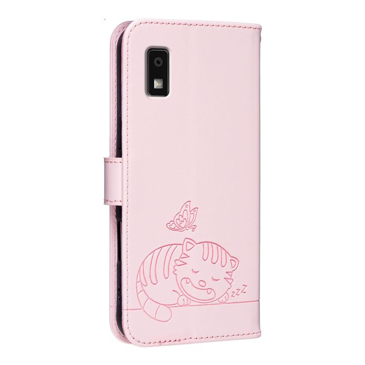 For Sharp Aquos wish3 Cat Butterfly Embossed RFID Vegan Leather Phone Case with Strap