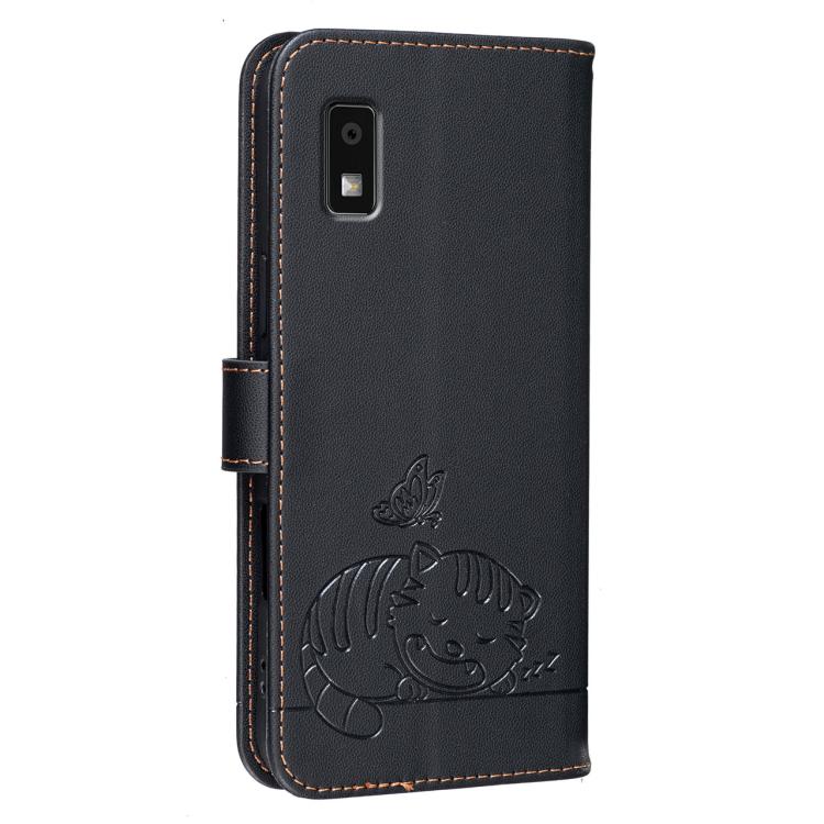 For Sharp Aquos wish3 Cat Butterfly Embossed RFID Vegan Leather Phone Case with Strap
