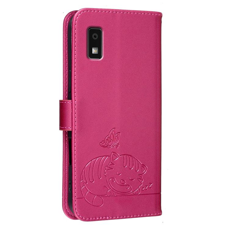 For Sharp Aquos wish3 Cat Butterfly Embossed RFID Vegan Leather Phone Case with Strap