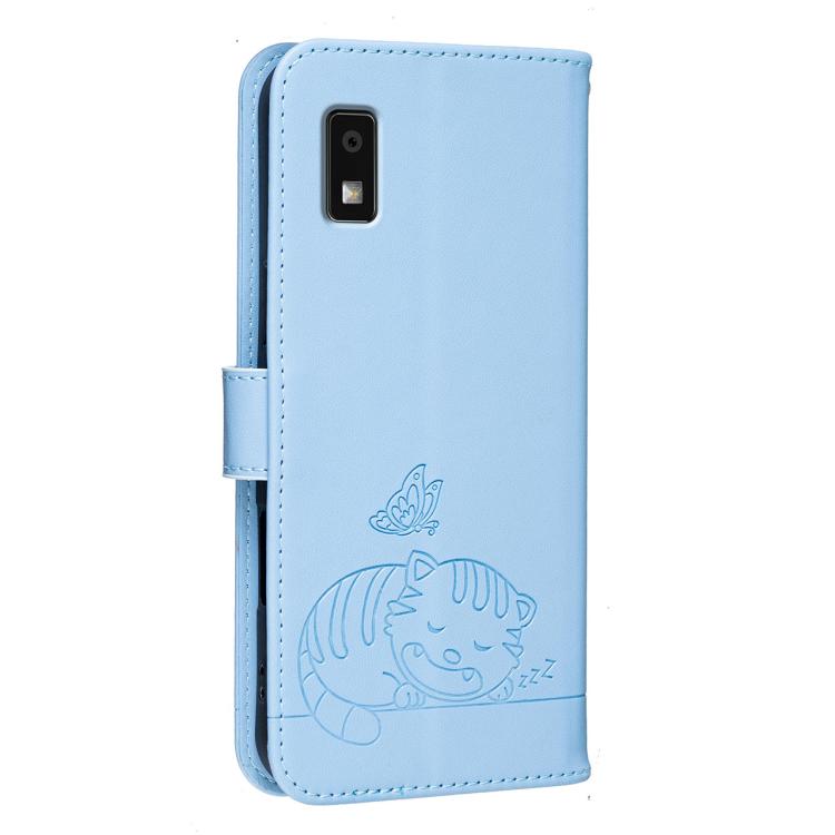 For Sharp Aquos wish3 Cat Butterfly Embossed RFID Vegan Leather Phone Case with Strap