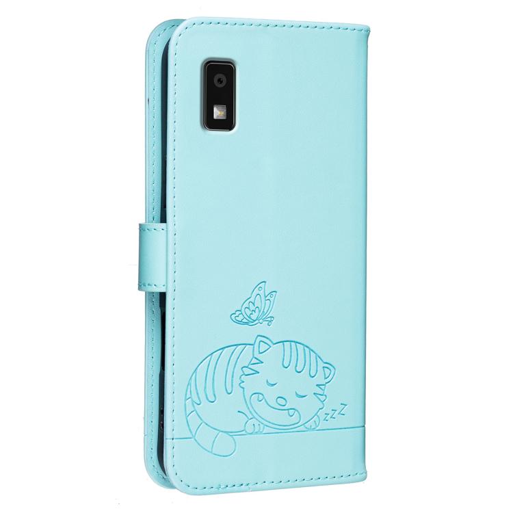 For Sharp Aquos wish3 Cat Butterfly Embossed RFID Vegan Leather Phone Case with Strap