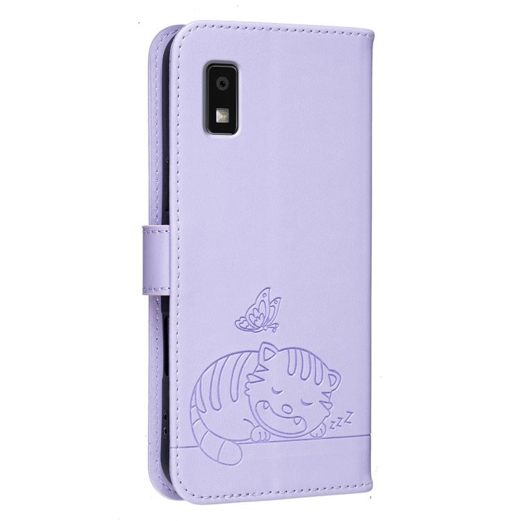 For Sharp Aquos wish3 Cat Butterfly Embossed RFID Vegan Leather Phone Case with Strap