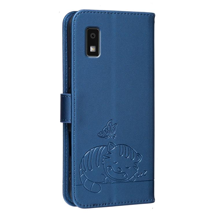 For Sharp Aquos wish3 Cat Butterfly Embossed RFID Vegan Leather Phone Case with Strap
