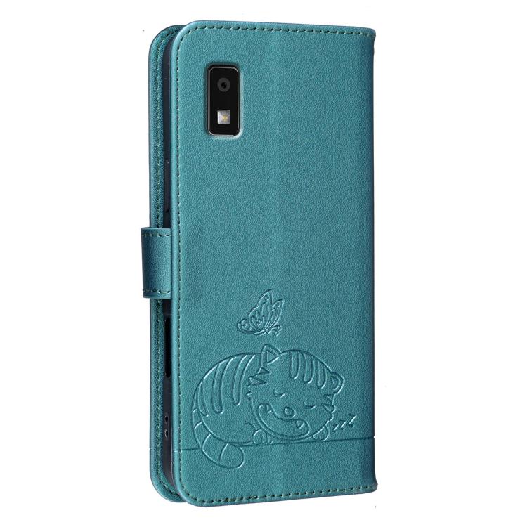 For Sharp Aquos wish3 Cat Butterfly Embossed RFID Vegan Leather Phone Case with Strap