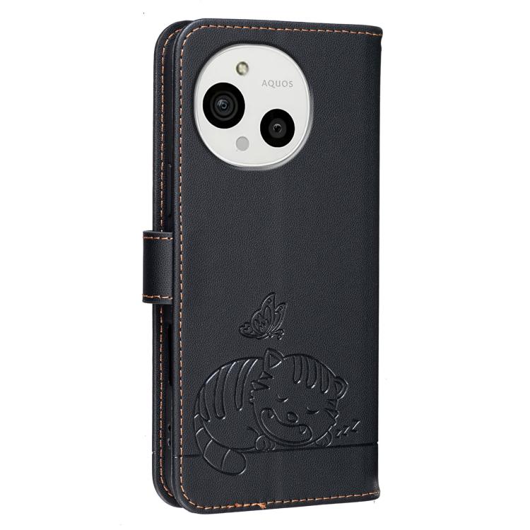 For Sharp Aquos R10 Cat Butterfly Embossed RFID Vegan Leather Phone Case with Strap