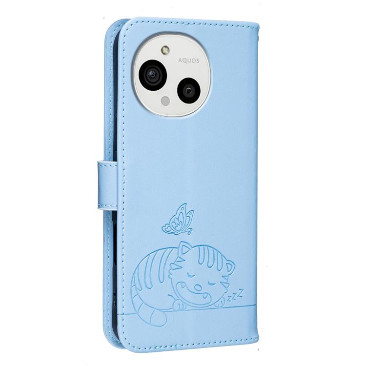 For Sharp Aquos R10 Cat Butterfly Embossed RFID Vegan Leather Phone Case with Strap
