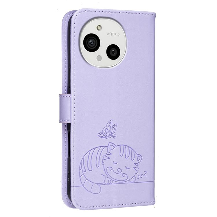 For Sharp Aquos R10 Cat Butterfly Embossed RFID Vegan Leather Phone Case with Strap