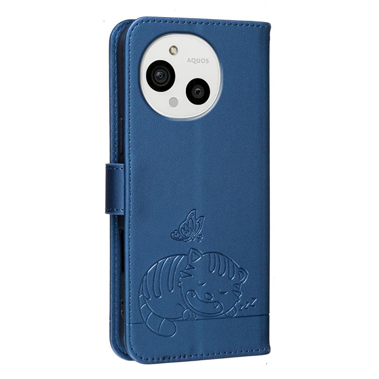 For Sharp Aquos R10 Cat Butterfly Embossed RFID Vegan Leather Phone Case with Strap
