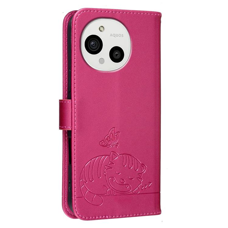For Sharp Aquos R11 Cat Butterfly Embossed RFID Vegan Leather Phone Case with Strap