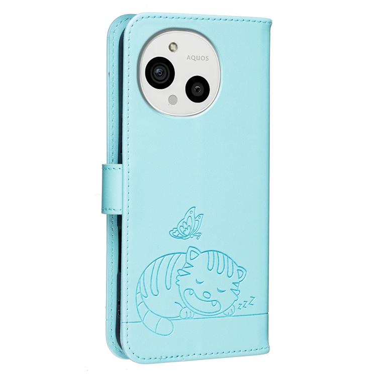 For Sharp Aquos R11 Cat Butterfly Embossed RFID Vegan Leather Phone Case with Strap