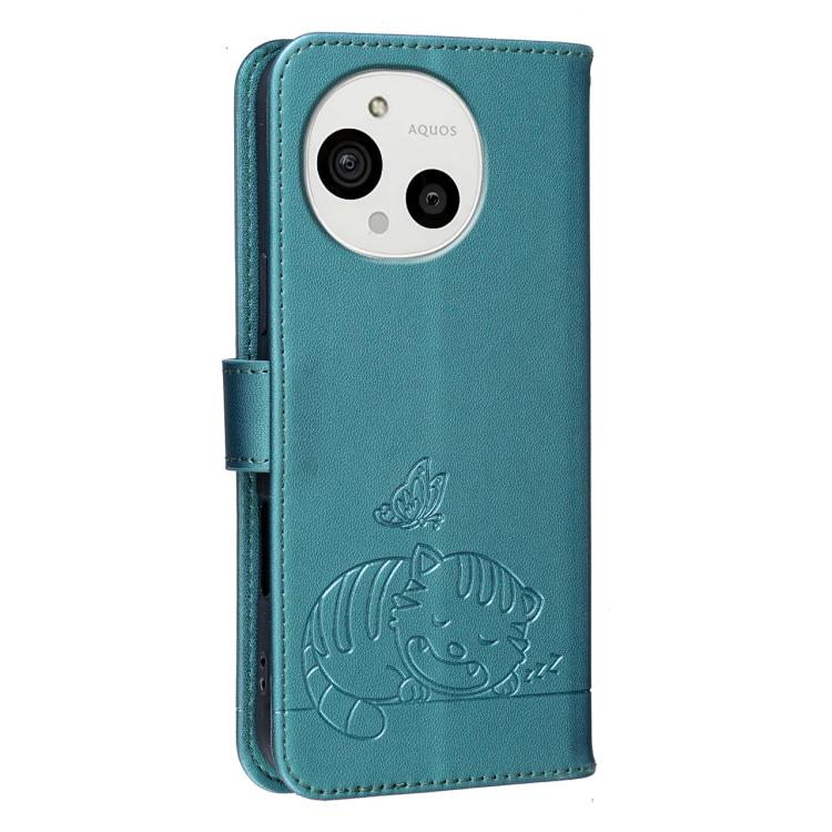 For Sharp Aquos R11 Cat Butterfly Embossed RFID Vegan Leather Phone Case with Strap
