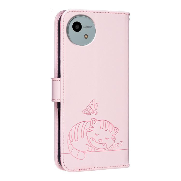 For Sharp Aquos wish6 Cat Butterfly Embossed RFID Vegan Leather Phone Case with Strap