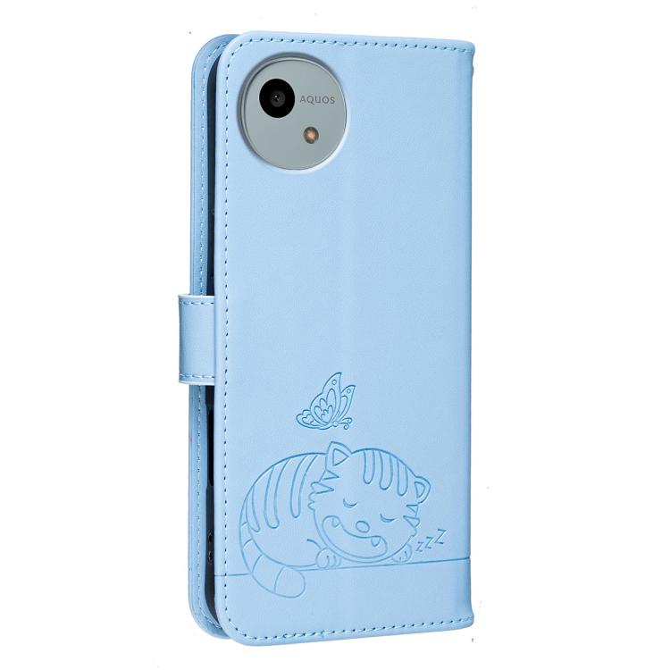 For Sharp Aquos wish6 Cat Butterfly Embossed RFID Vegan Leather Phone Case with Strap