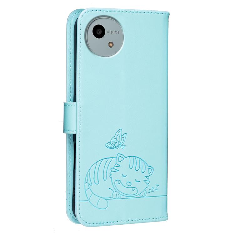 For Sharp Aquos wish6 Cat Butterfly Embossed RFID Vegan Leather Phone Case with Strap