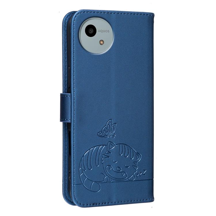 For Sharp Aquos wish6 Cat Butterfly Embossed RFID Vegan Leather Phone Case with Strap
