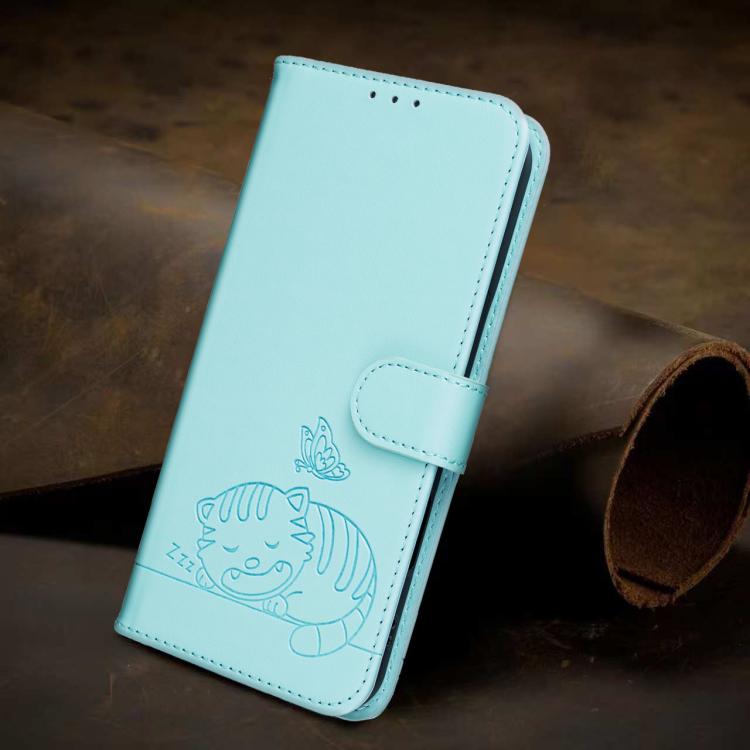 For Umidigi A15 Cat Butterfly Embossed RFID Vegan Leather Phone Case with Strap