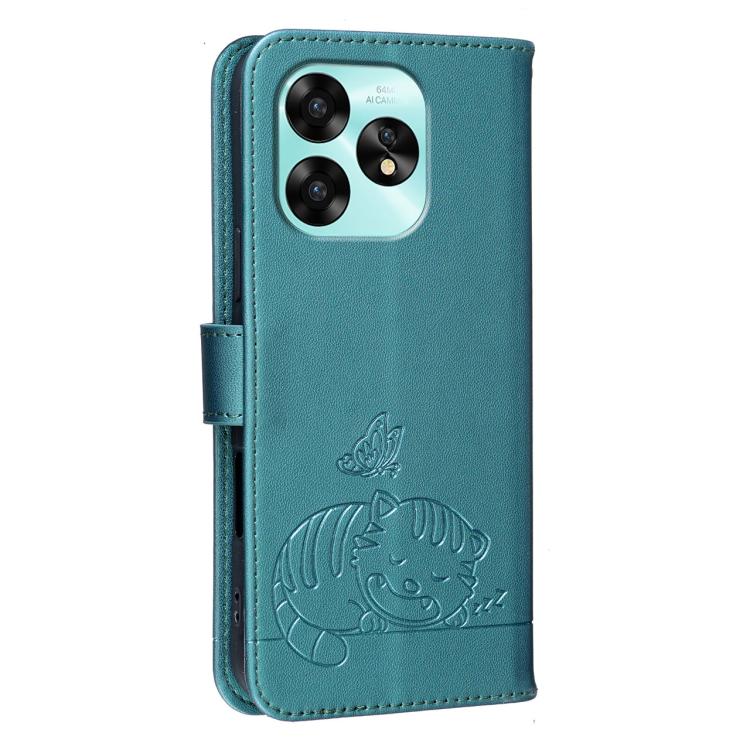 For Umidigi A15 Cat Butterfly Embossed RFID Vegan Leather Phone Case with Strap