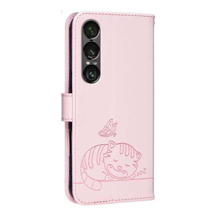 For Sony Xperia 1 VII Cat Butterfly Embossed RFID Vegan Leather Phone Case with Strap